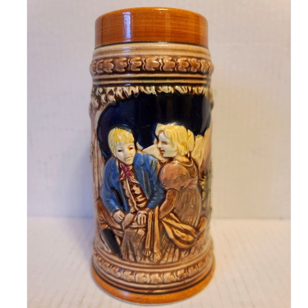 German Beer Stein Oktoberfest Tavern Scene Tankard Cobalt Blue‎ Vintage